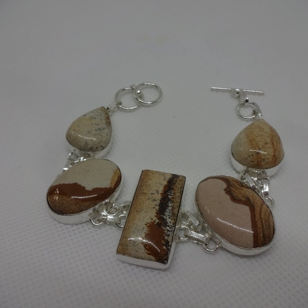 Natural "PICTUREJASPER" Handmade Sterling Bracelet 7" #622 - Picture 2 of 3